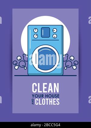 clean your house and clothes lettering with equipment Stock Vector