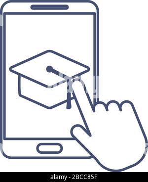 hand pointing on the touch screen of the smartphone, line style icon vector illustration design Stock Vector