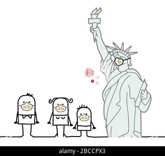 Cartoon People in New York with Liberty statue and masks against the Virus Stock Vector