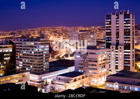 Skyline of downtown Valparaiso at night, Valparaiso Region, Chile, South America Stock Photo