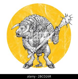 Monster illustration. Minotaur anatomy. Mythical creature from Greek myths. Fantasy drawing. Stock Photo