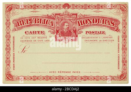 Blanked historical postal card with red text in vignette, imprinted three Centavos postage stamp, republica Honduras, 1890 Stock Photo
