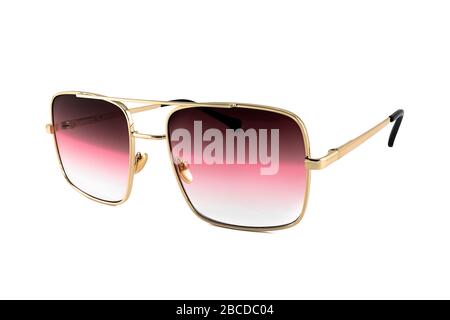 Red pilot aviator gold rimmed gradient sunglasses isolated on white background, side view Stock Photo