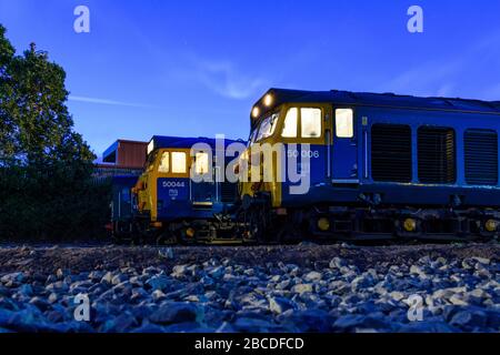 A night view of 2 Class 50 locos side by side on Kidderminster depot Stock Photo