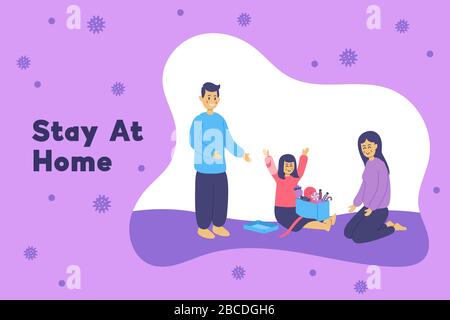 Coronavirus Covid-19, I stay at home awareness and coronavirus prevention. Family staying at home, They smile and stay together. Stock Vector