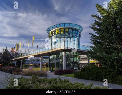 The modern complex of the shopping center and bus station at Érd,Hungary.Erd  situated in Budapest metropolitan area. Stock Photo