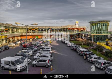 The modern complex of the shopping center and bus station at Érd,Hungary.Erd  situated in Budapest metropolitan area. Stock Photo