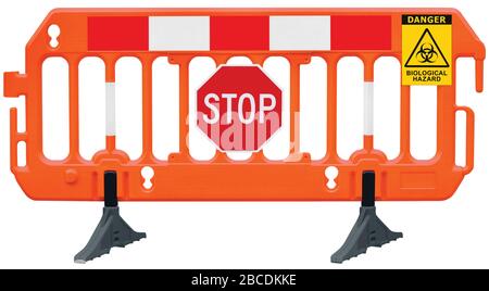 Containment cordon lockdown barricade, obstacle detour road barrier fence, biological hazard danger warning red white stop road sign isolated closeup Stock Photo