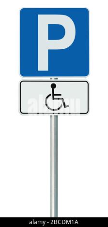 Free Handicap Disabled Parking Lot Road Sign, Isolated Handicapped Blue Badge Holders Only, White Traffic P Notice, Vertical Pole Post Signpost, Large Stock Photo