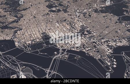 Washington DC city map 3D Rendering. Aerial satellite view. Stock Photo