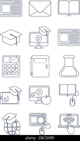 set of icons online education, education technology, line style icon vector illustration design Stock Vector