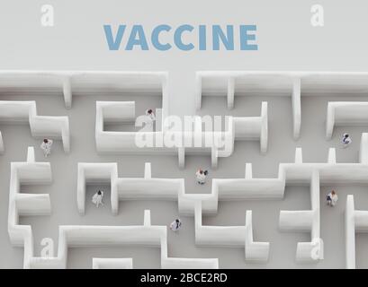 Coronavirus covid 19 infected, vaccine research. Labyrint or maze, hard to find vaccine concept. 3d rendering