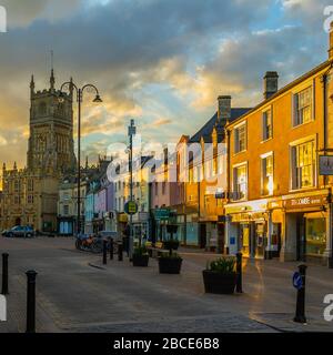Pictures of Cirencester Market Place During The Coronavirus Covid -19 With The Sunsetting Hitting The Colourful Buildings.Capital of The Cotswolds . Stock Photo