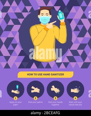 How to use hand sanitizer properly. Step by step infographic illustration of How to use hand sanitizer. Stock Vector