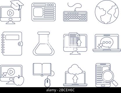 set of icons online education, education technology, line style icon vector illustration design Stock Vector