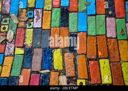 Amazing beautiful ceramic patterns, motifs rich in wonderful colors and shapes in the garden of the Tao Hong Tai Ceramics Factory in Ratchaburi, Thail Stock Photo