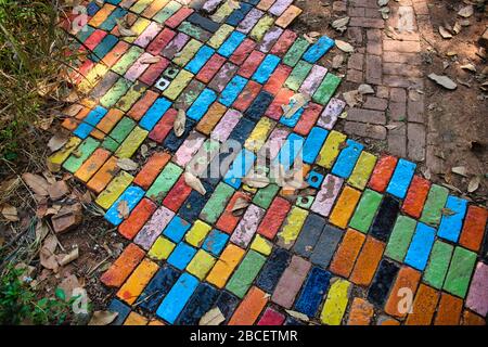 Amazing beautiful ceramic patterns, motifs rich in wonderful colors and shapes in the garden of the Tao Hong Tai Ceramics Factory in Ratchaburi, Thail Stock Photo