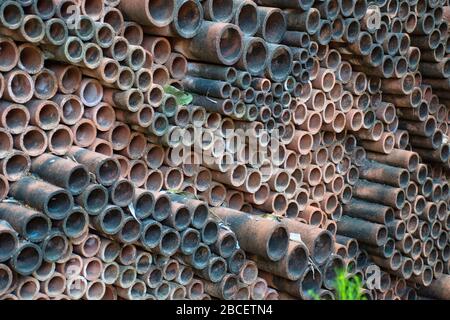 Amazing beautiful ceramic patterns, motifs rich in wonderful colors and shapes in the garden of the Tao Hong Tai Ceramics Factory in Ratchaburi, Thail Stock Photo