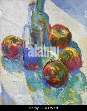 Painting glass bottle with fruits impressionist style Stock Photo