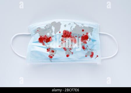 Masked Global Map World map showing coronavirus infected countries on face mask Stock ...