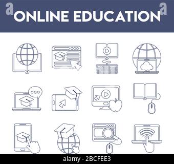 set of icons online education, education technology, line style icon vector illustration design Stock Vector