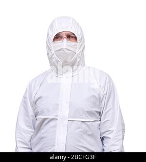 male epidemiologist in coverall disposable anti-epidemic antibacterial isolation suit isolated on white background Stock Photo