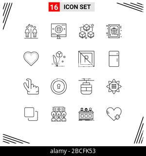 Pack of 16 Modern Outlines Signs and Symbols for Web Print Media such as heart, gift, valentine, decoration, card Editable Vector Design Elements Stock Vector