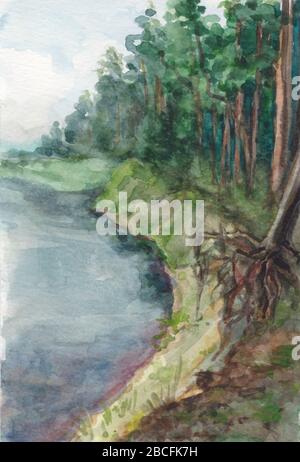 Watercolor landscape. The majestic northern expanse of the mighty river flowing among the spruce forest Stock Photo