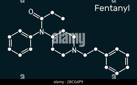 Fentanyl (fentanil) opioid analgesic drug, chemical structure. Conventional  skeletal formula and stylized representation, showing atoms (except  hydrogen) as color coded circles.