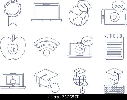 set of icons online education, education technology, line style icon vector illustration design Stock Vector
