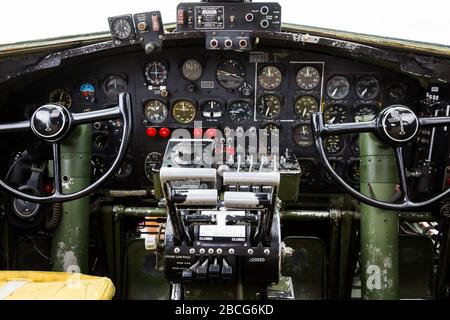 The instruments of 'Texas Raiders,' an authentically restored WWII B-17G Flying Fortress Bomber sitting on static display at the Fort Wayne Airshow. Stock Photo