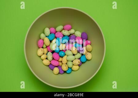 Variety of speckled eggs in a bowl shot from directly above Stock Photo