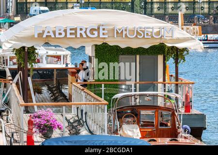 Saint Petersburg, Russia, June 16: Parking of pleasure boats on the Fontanka river embankment, near the Faberge Museum on a summer day, June 16, 2016. Stock Photo