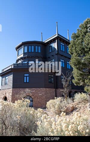 An exterior view of the legendary El Tovar hotel on the south rim of the Grand Canyon National Park in Arizona Stock Photo