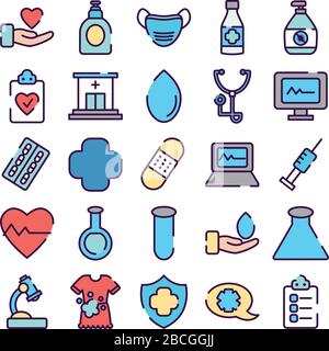 chemical flasks and healthcare icon set over white background, line color style, vector illustration Stock Vector