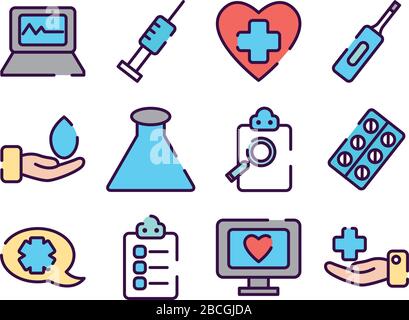 medical reports and healthcare icon set over white background, line color style, vector illustration Stock Vector