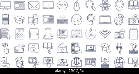 set of icons online education, education technology, line style icon vector illustration design Stock Vector