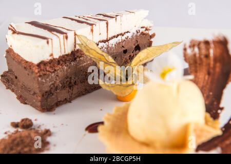 Three-chocolate cake plate with a scoop of vanilla ice cream and a physalis. Stock Photo