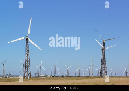 Vertical Wind power stations (VPP) - wind power plants in the Crimea . An inexhaustible source of energy Stock Photo