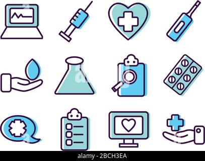 medical reports and healthcare icon set over white background, line color style, vector illustration Stock Vector