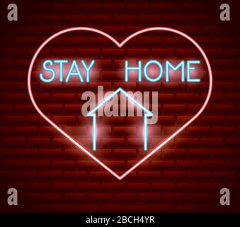 stay at home campaign with heart neon light Stock Vector