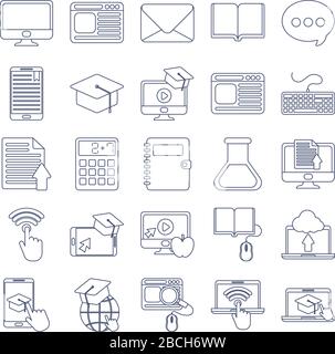 set of icons online education, education technology, line style icon vector illustration design Stock Vector
