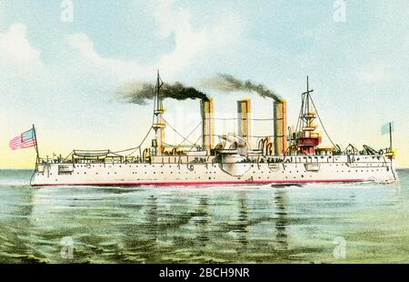 The United States Armored Cruiser Brooklyn was a key vessel in the Battle of Santiago de Cuba on 3 July, in which the Spanish Fleet was destroyed. It is referred to as the USS Brooklyn (ACR-3/CA-3). The  United States Armored Cruiser New York (also known as USS New York [ACR-2/CA-2]) was the second United States Navy armored cruiser so designated; the first was the ill-fated Maine, which was soon redesignated a second-class battleship. Due to the unusually protracted construction of Maine, New York was actually the first armored cruiser to enter U.S. Navy service. Stock Photo