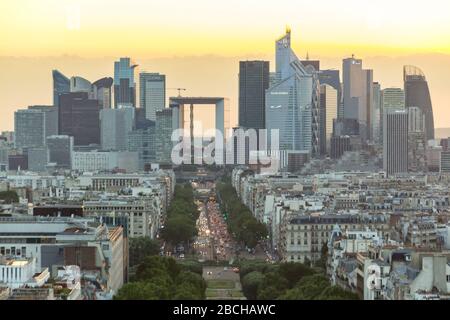 Paris, France - June 24, 2016: Sunset view of Paris from the top of Triumphal Arch de l Etoile. Stock Photo
