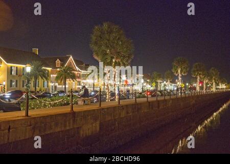 A view of the cityscape of historic St. Augustine on a foggy evening during the Christmas Holidays Stock Photo
