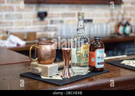 Ingredients for Moscow Mule on display at the sample stand of St. Augustine Distillery in St. Augustine, Florida USA Stock Photo