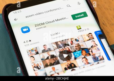 The Google Play install screen for the Zoom video conferencing application. There are security issues and privacy concerns with the app Stock Photo