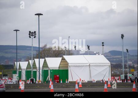 Glasgow, UK. 4th Apr, 2020. Pictured: New drive-thru style coronavirus (covid19) testing centre to open tomorrow. Situated at Glasgow Airport's long-stay car park which has been transformed into a drive-thru style mobile testing centre to support the |Scottish Governments Covid-19 pandemic response. Credit: Colin Fisher/Alamy Live News Stock Photo