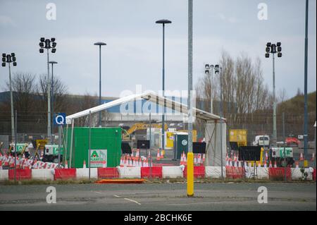 Glasgow, UK. 4th Apr, 2020. Pictured: New drive-thru style coronavirus (covid19) testing centre to open tomorrow. Situated at Glasgow Airport's long-stay car park which has been transformed into a drive-thru style mobile testing centre to support the |Scottish Governments Covid-19 pandemic response. Credit: Colin Fisher/Alamy Live News Stock Photo