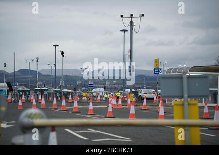 Glasgow, UK. 4th Apr, 2020. Pictured: New drive-thru style coronavirus (covid19) testing centre to open tomorrow. Situated at Glasgow Airport's long-stay car park which has been transformed into a drive-thru style mobile testing centre to support the |Scottish Governments Covid-19 pandemic response. Credit: Colin Fisher/Alamy Live News Stock Photo